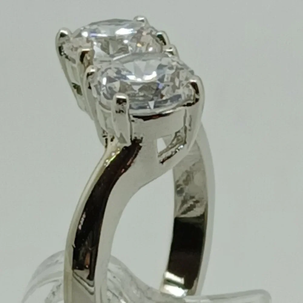 Size 10 Vintage 1990s Two Stone Round Cubic Zirconia Bypass Ring Silver Tone NOS